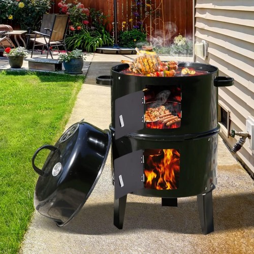 3 in 1 Charcoal Vertical Smoker BBQ Grill Roaster Portable Outdoor Steel Steamer