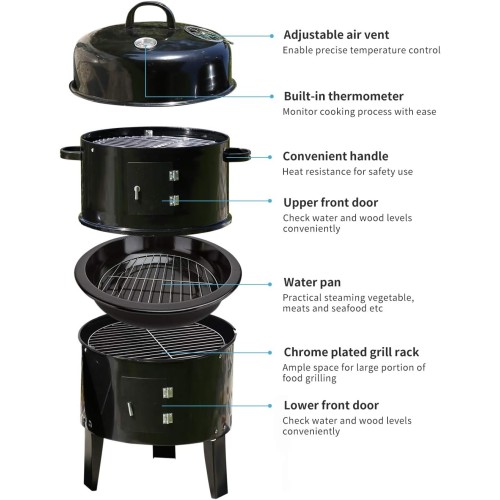 3 in 1 Charcoal Vertical Smoker BBQ Grill Roaster Portable Outdoor Steel Steamer