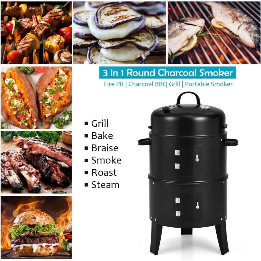 3 in 1 Charcoal Vertical Smoker BBQ Grill Roaster Portable Outdoor Steel Steamer