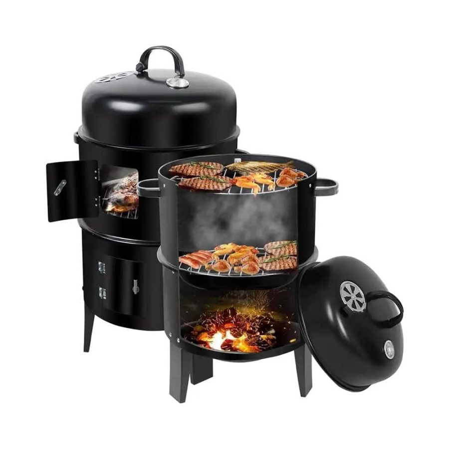 3 in 1 Charcoal Vertical Smoker BBQ Grill Roaster Portable Outdoor Steel Steamer