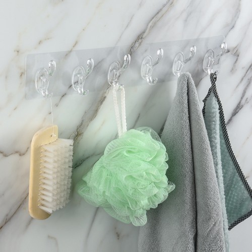 Transparent Plastic Glue Hooks Kitchen Bathroom Six Rows Hooks