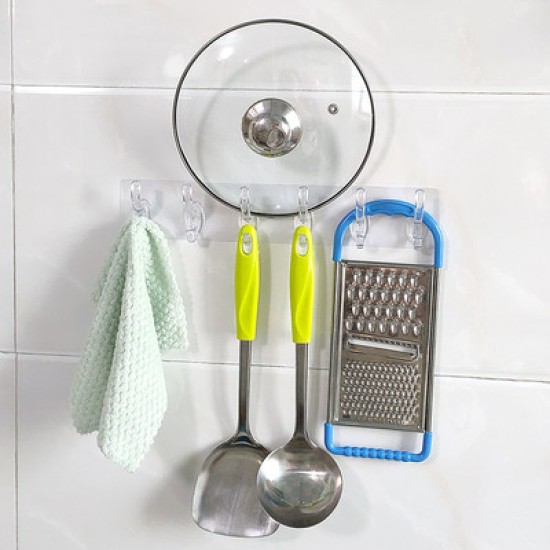 Transparent Plastic Glue Hooks Kitchen Bathroom Six Rows Hooks