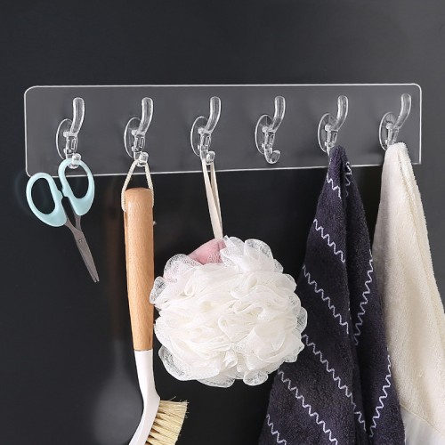 Transparent Plastic Glue Hooks Kitchen Bathroom Six Rows Hooks