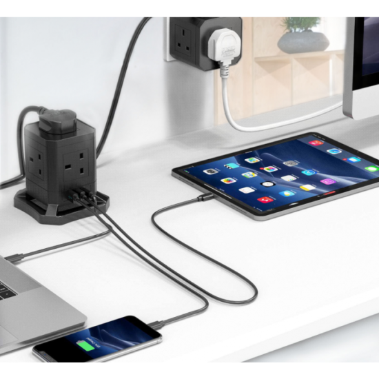 Power extension 5 Meters with 5 Cube Sockets and 2 USB Ports + 30W USB C Port