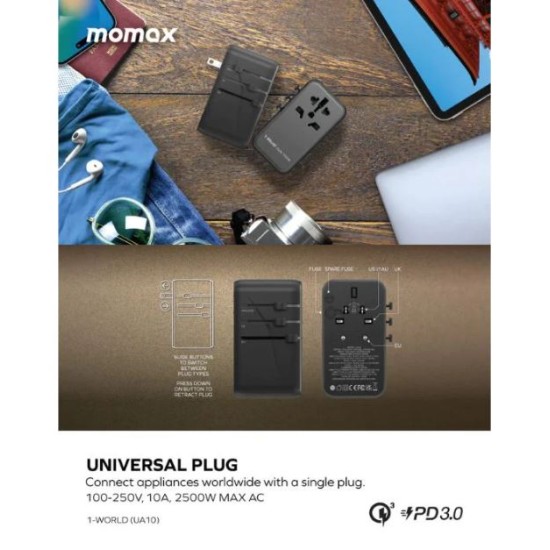 Momax 1-World 100W PD GaN 4-Ports + AC Travel Adapter (UA10D)