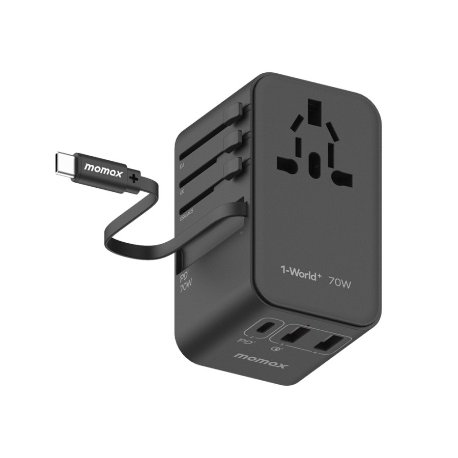 Momax 1-world 70w Gan 3 Port With Built-in Usb-c Cable Ac Travel Adaptor - Blue (UA18D)