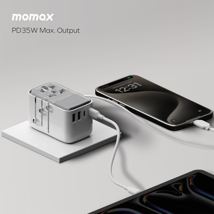 Momax 1-world Flow 35w 4 Port With Built-in Usb-c Cable Travel Adaptor (UA21W)