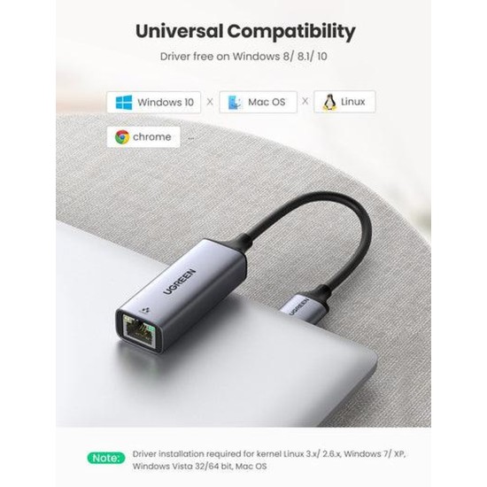 UGREEN USB-A 3.0 To Gigabit Ethernet Adapter Aluminum Case 10cm (SPACE GRAY)