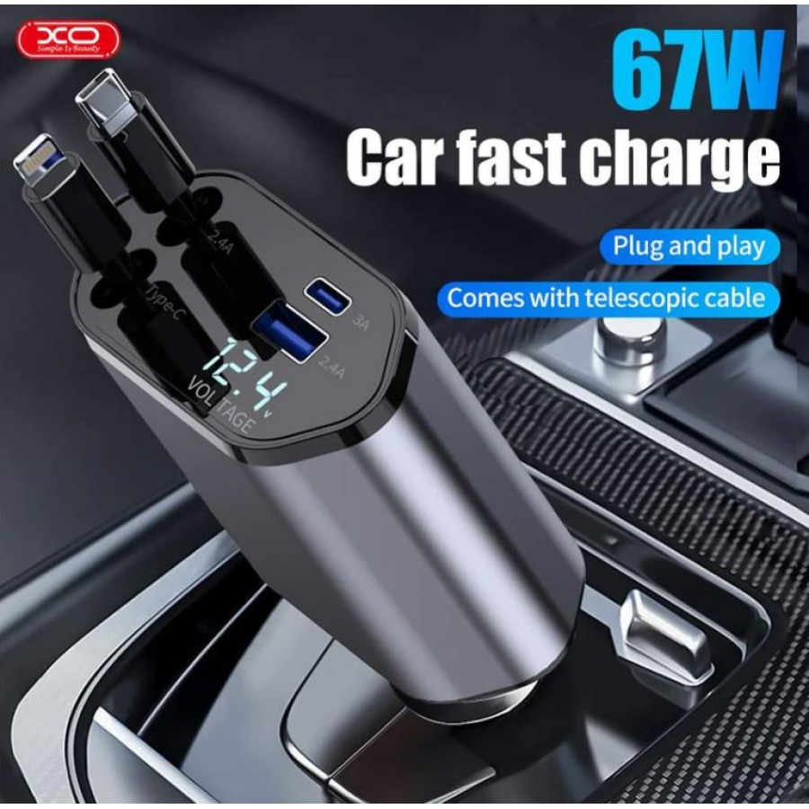 XO CC62 Smart 4-in-1 Retractable Car Charger - Compact & Multi-Device Compatible