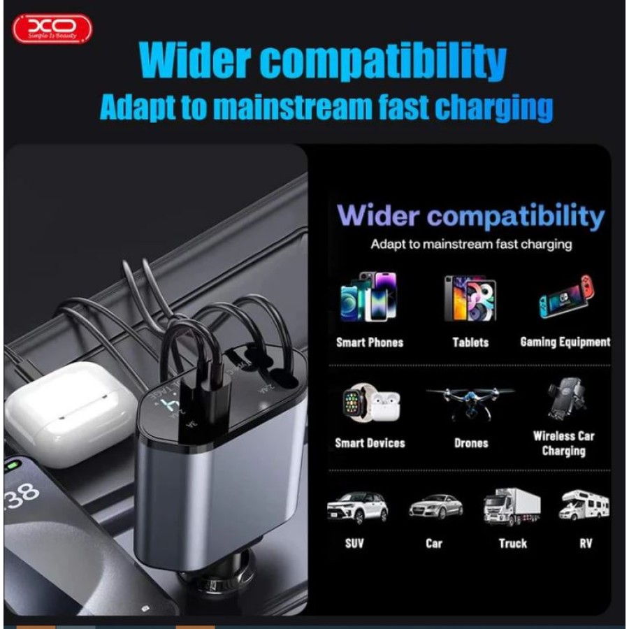 XO CC62 Smart 4-in-1 Retractable Car Charger - Compact & Multi-Device Compatible