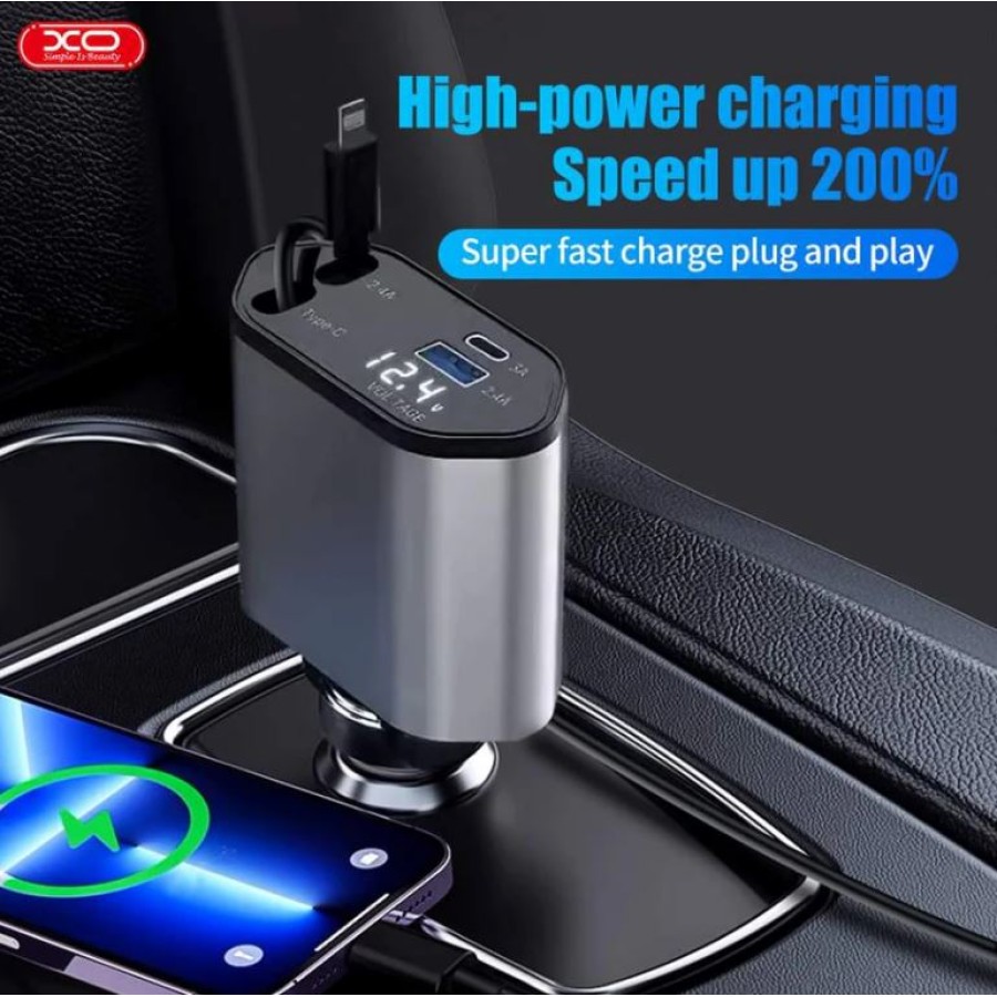 XO CC62 Smart 4-in-1 Retractable Car Charger - Compact & Multi-Device Compatible