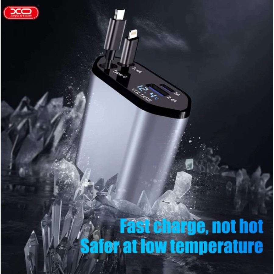 XO CC62 Smart 4-in-1 Retractable Car Charger - Compact & Multi-Device Compatible