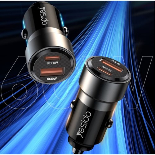 Yesido Y54 Super Fast Car Charger QC3.0+PD 60W with Type-C to Lightning Cable – Black