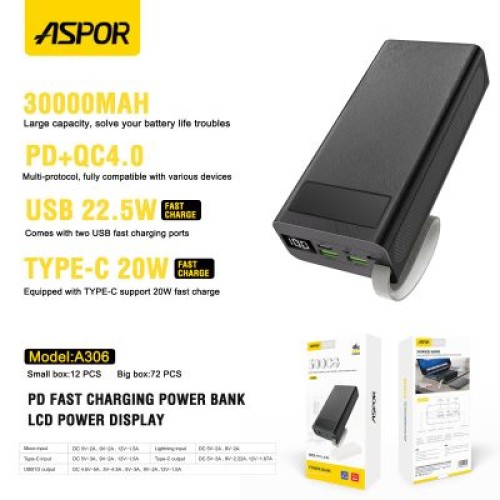 ASPOR A306 30000mAh Power Bank LCD display 22.5W