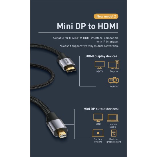 BASEUS Enjoyment Series Mini DP Male to 4KHD Male Adapter Cable 1m