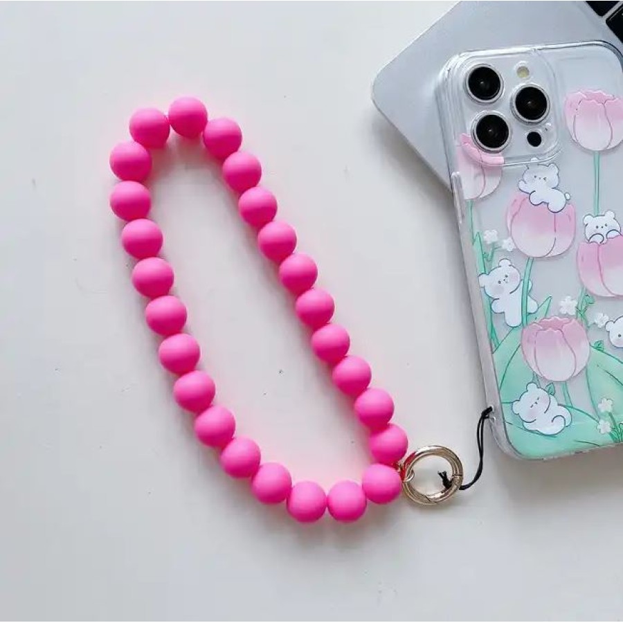 Round Beads Phone Holder Strap Keychain - Pink