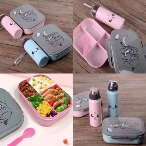 Cartoon Plastic 4 Compartment Lunch Box with Bottle 400ML Set