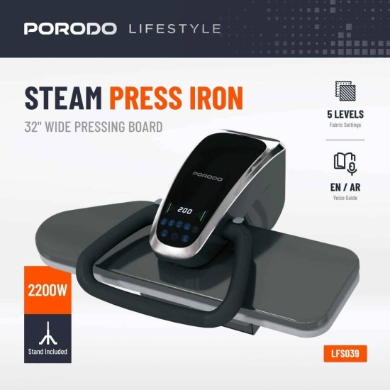 Porodo Steam Press Iron with Foldable Stand with 5 Ironing Levels, Voice Control and 850ml Tank