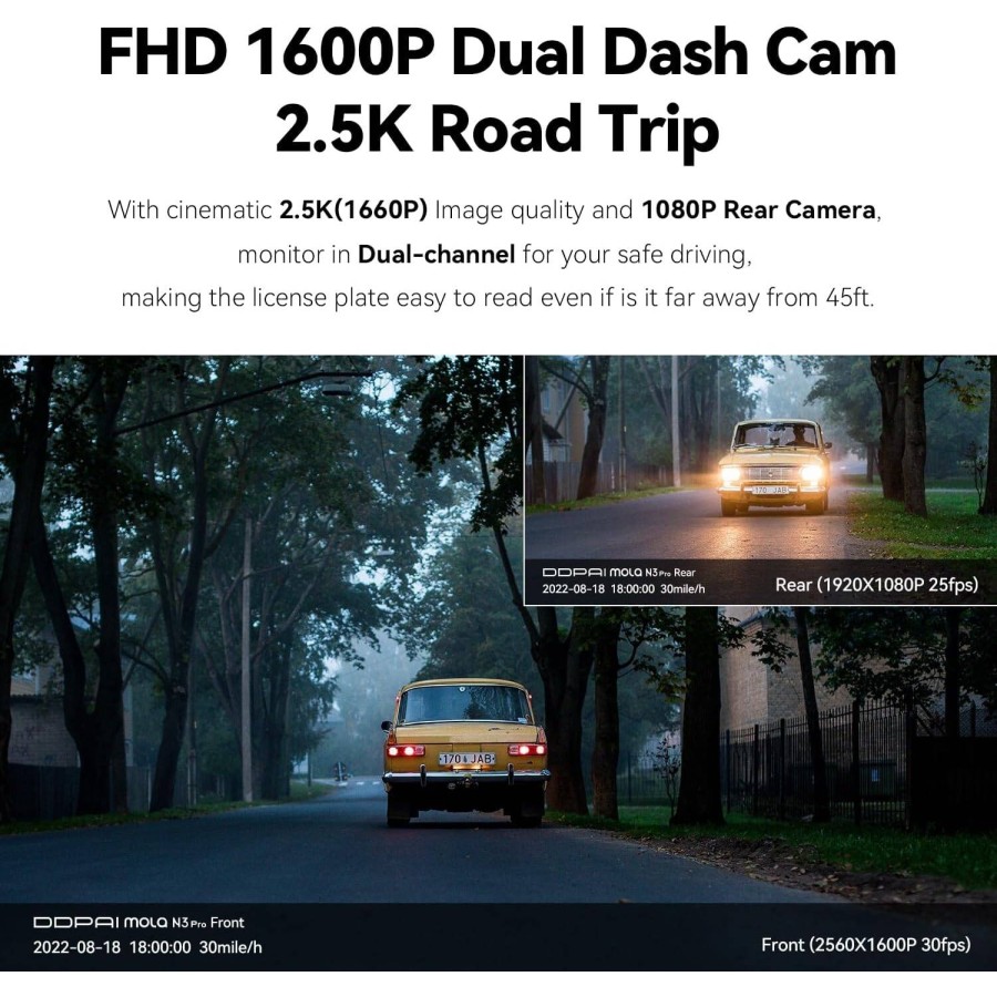 DDPAI Dash Cam Front & Rear 2.5K Car Camera,1600P Front 1080P Rear Dash Camera