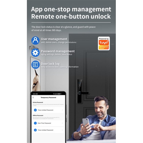 Smart Keyless Entry Lock  Fingerprint, Pass code, key card, Mobile App (Wifi & Bluetooth)