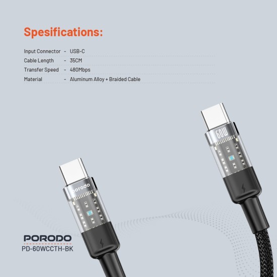 Porodo Braided Cable Transparent USB-C To USB-C Fast Charge & Data 35cm/1.1ft