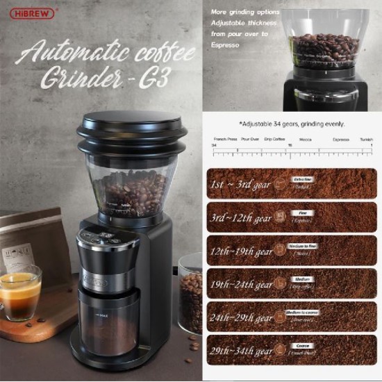 HiBREW Automatic Burr Mill Electric Coffee Grinder with 34 Gears