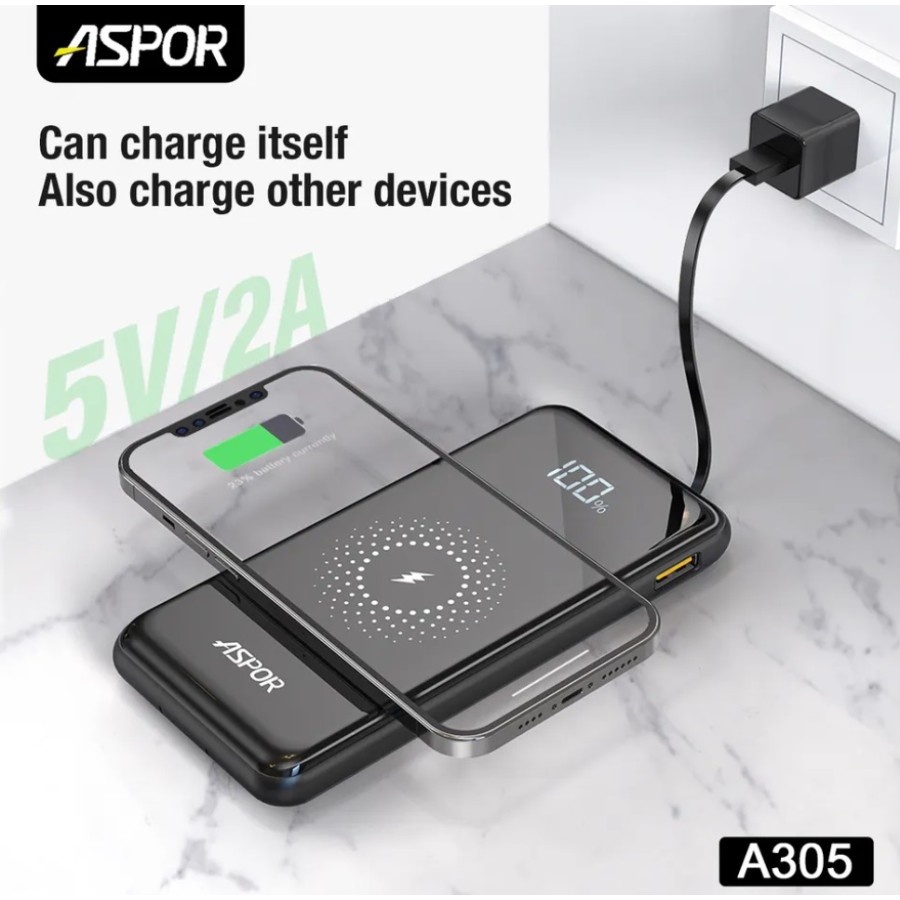 Aspor 10000mah Lcd Display 12 Ultra Thin Wireless Power Bank