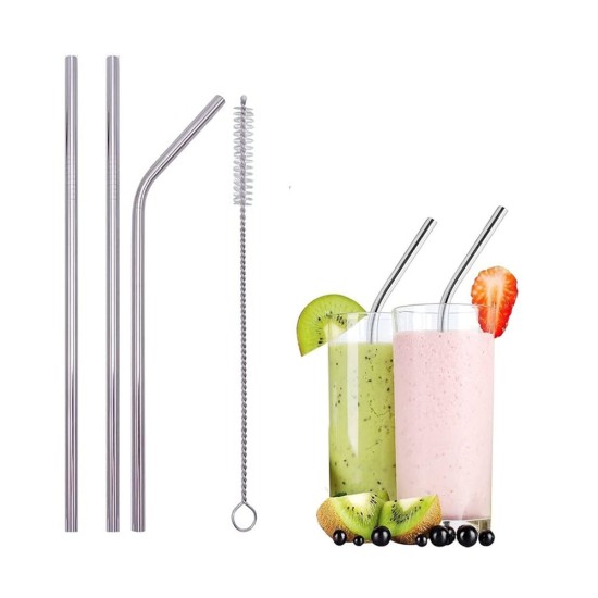 Reusable Metal SUS304 Stainless Steel Straw Set with Cleaner Brush (4pcs Set)