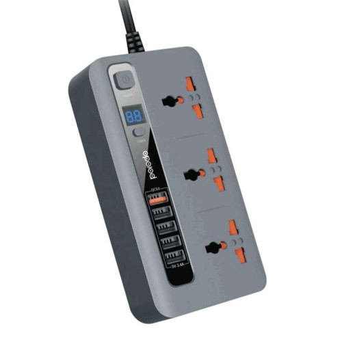 Porodo 3 Power Sockets and 4 USB Port 1 Quick charge - Grey