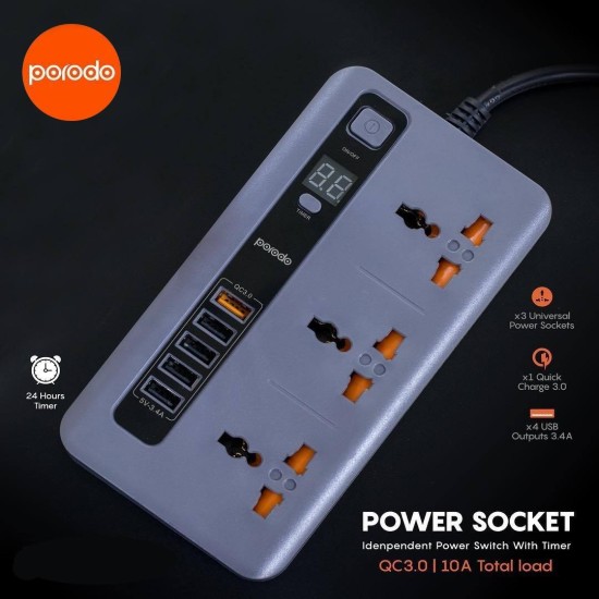 Porodo 3 Power Sockets and 4 USB Port 1 Quick charge - Grey