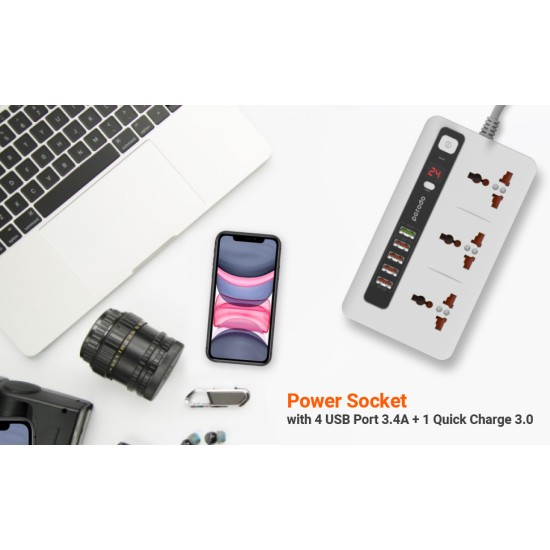 Porodo 3 Power Sockets and 4 USB Port 1 Quick charge - White