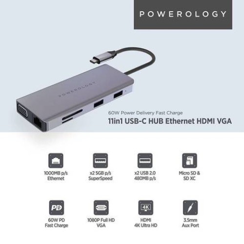 Powerology 11 in 1 USB-C VGA, Ethernet and HDMI Hub